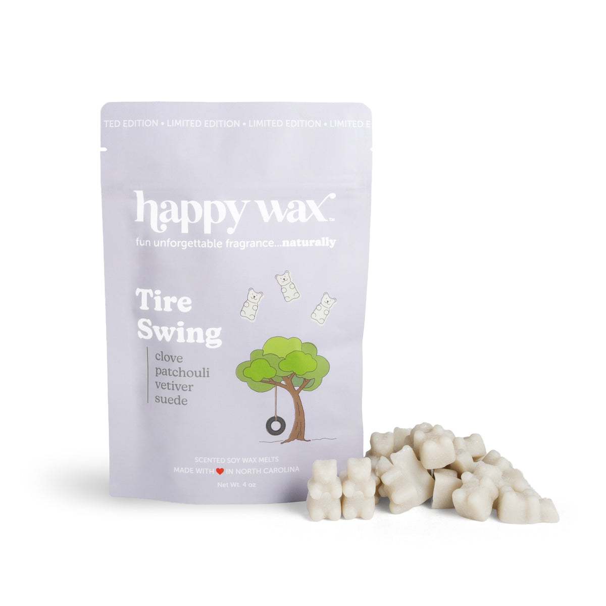 Happy Wax Tire Swing wax melts packaging with wax melts on a white background