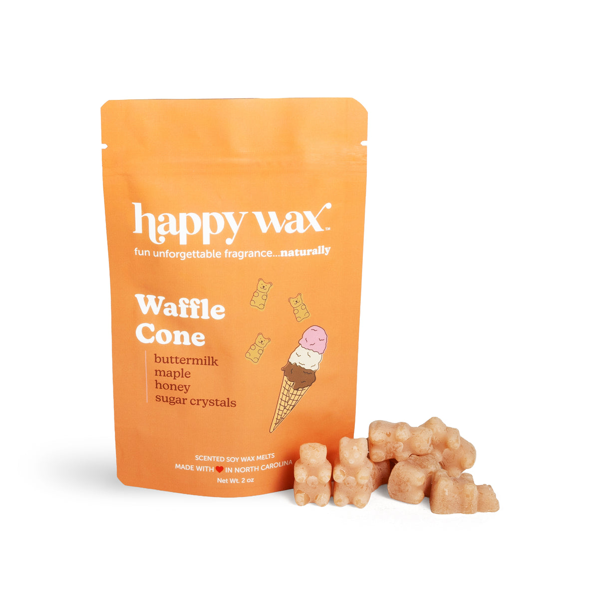 Waffle cone wax melts pouch on a white background with wax melt bears