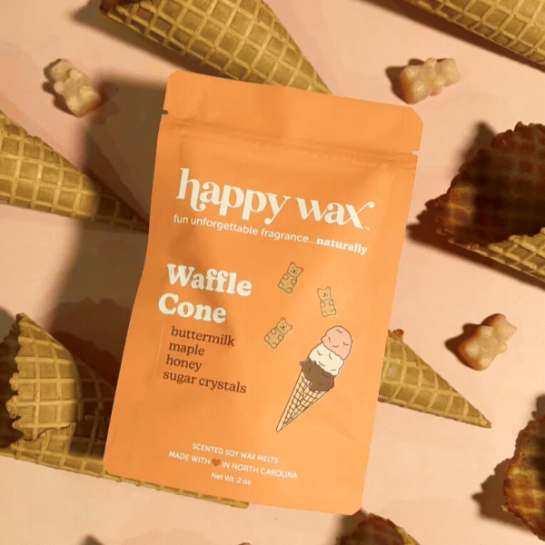 waffle cone wax melts pouch with waffle cones on background