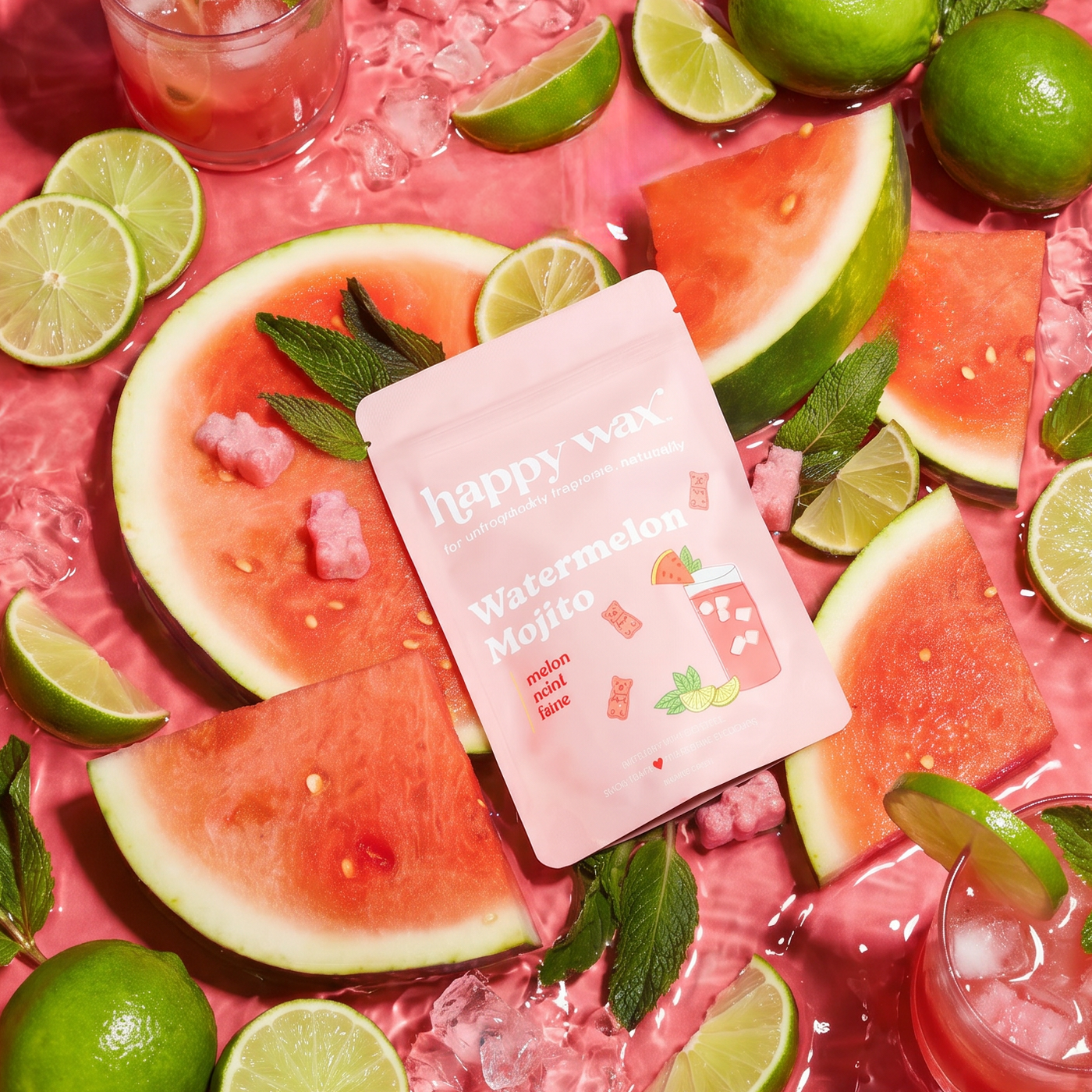 Watermelon Mojito pouch with watermelon, limes, and mint in a pool of pink water