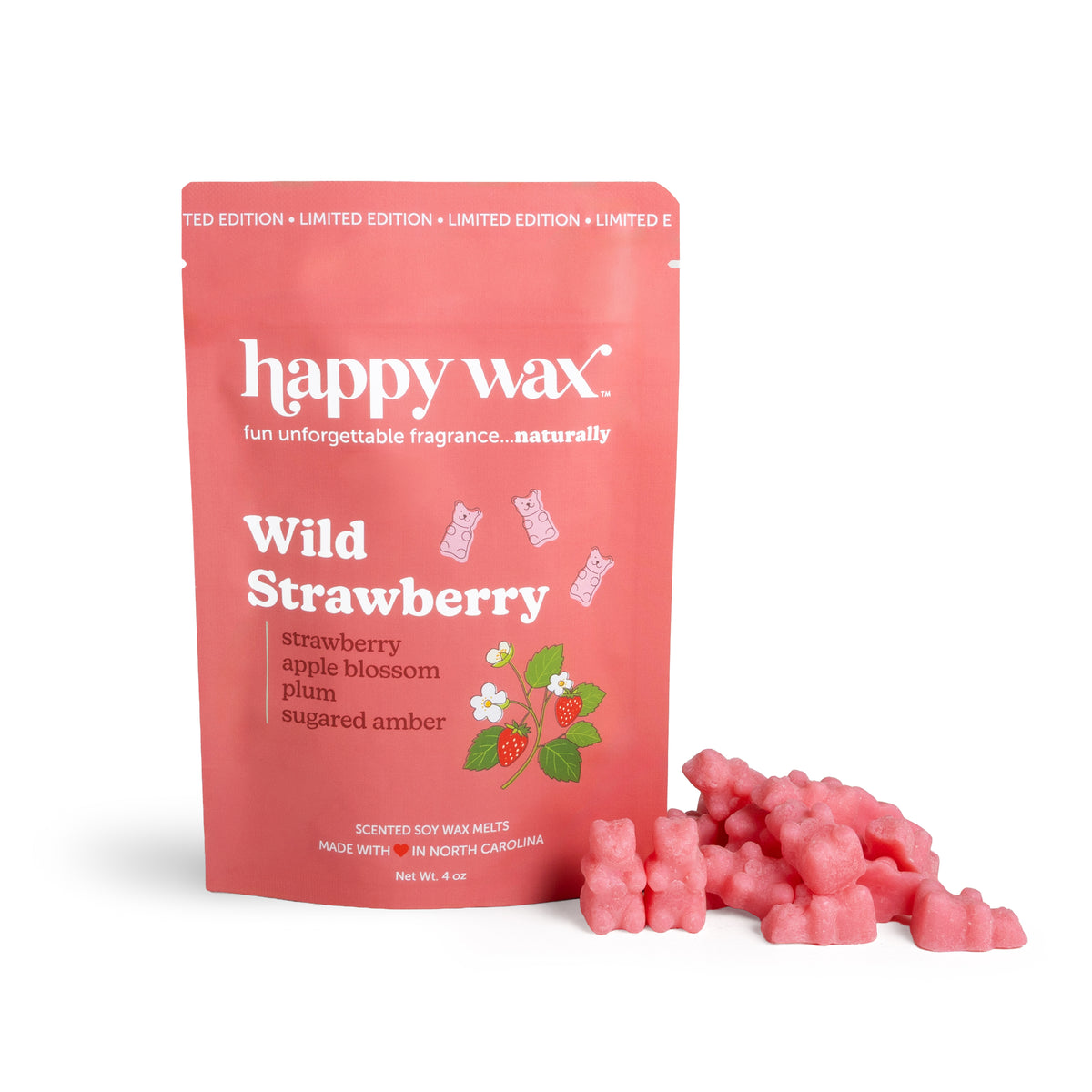 Happy Wax Wild Strawberry scented wax melts packaging on a white background