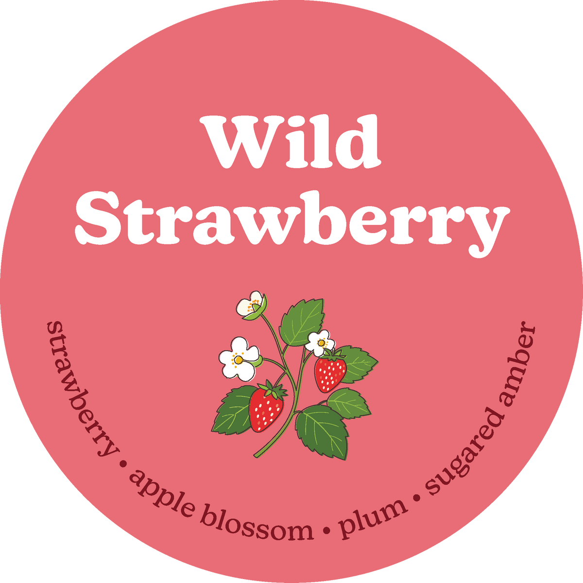 Round label with 'Wild Strawberry' text and strawberry illustration on a pink background