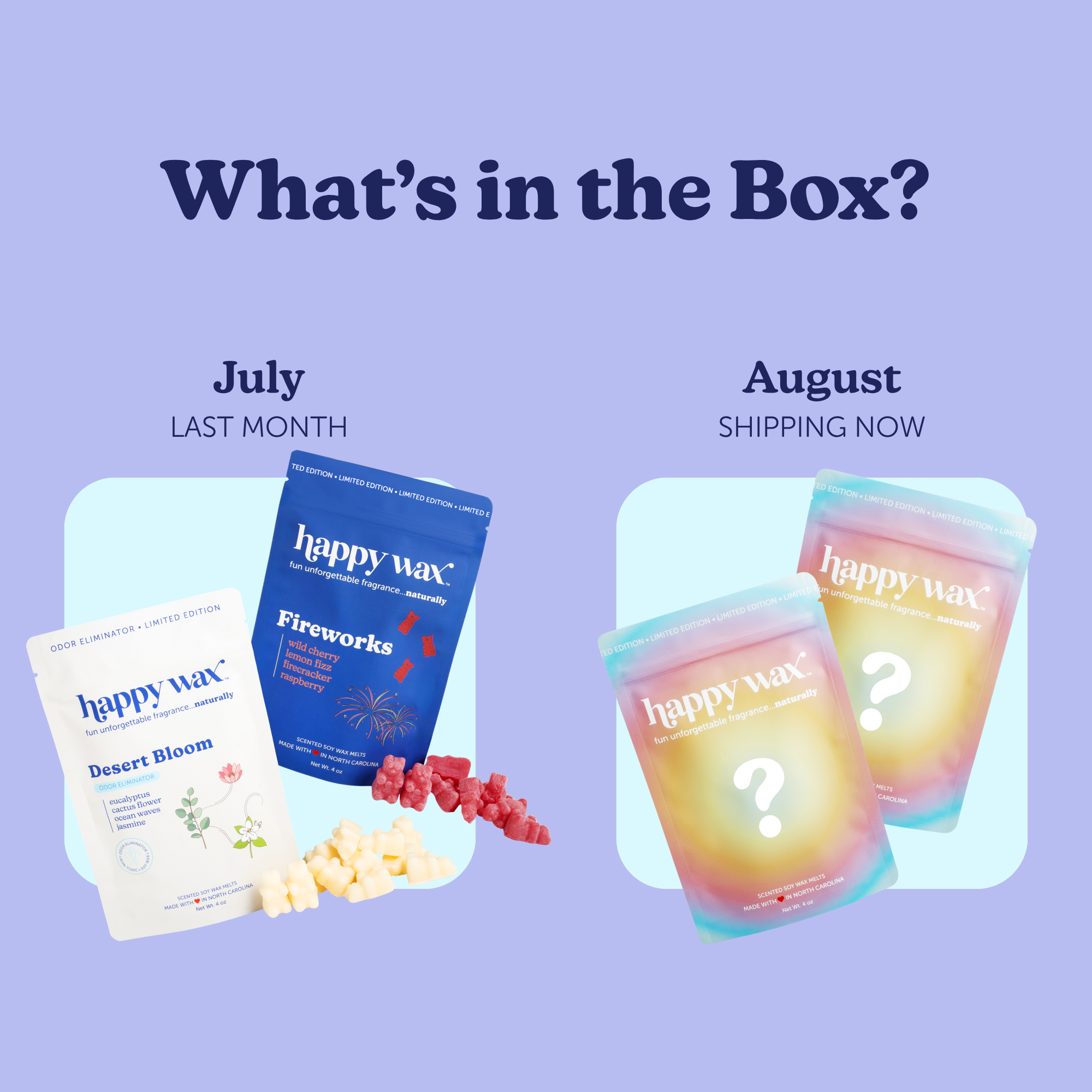 Purple background showing two subscription box options: July box with Desert Bloom and Fireworks candles, August box with col